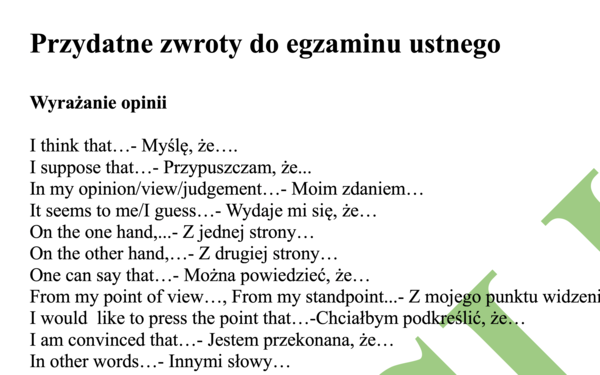 Matura ustna - 3 strony przydatnych zwrotów