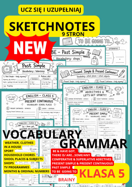 BLACK & WHITE Sketchnotes - GRAMATYKA i SŁOWNICTWO - KLASA 5 - BRAINY 5