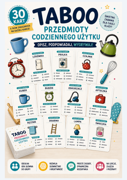 Karty taboo "Przedmioty codziennego użytku"  - wersja nowoczesna.