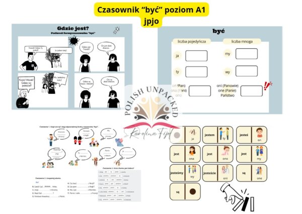 Lekcja czasownik "być", język polski jako obcy poziom A1, domino, gramatyka
