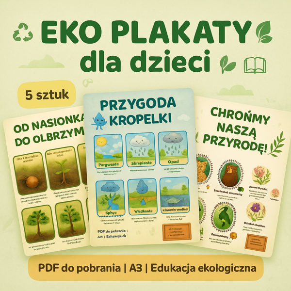 Ekologiczne plakaty edukacyjne. Chronione gatunki zwierząt/roślin, Obieg wody w przyrodzie, Segregacja śmieci, Cykl życia drzewa, Jak dbać o planetę