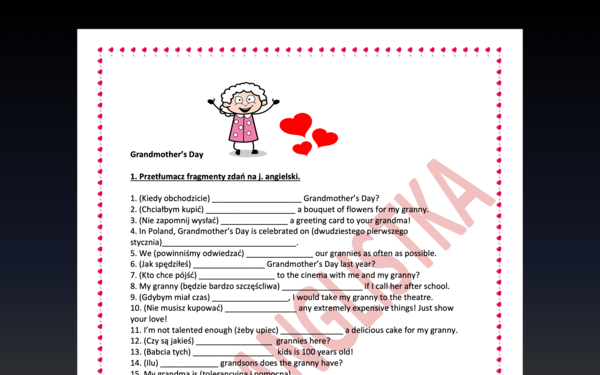 Dzień babci - Grandmother's Day- tłumaczenie fragmentów zdań dla ósmoklasistów- 40 przykładów + klucz