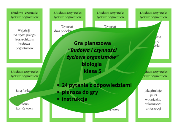 Biologia. Klasa 5. Gra dydaktyczna metoda aktywizująca. Budowa i czynności życiowe organizmów. PYTANIA I ODPOWIEDZI.