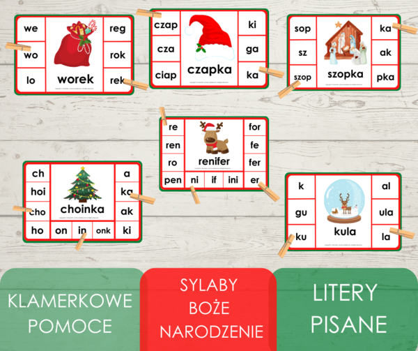 Klamerkowe pomoce - sylaby - Boże Narodzenie (litery pisane)