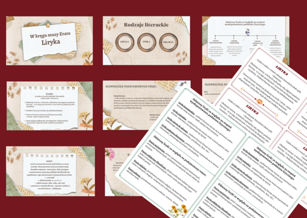 LIRYKA – prezentacja + 2 wklejki: liryka i odmiany liryki - egzamin - powtórzenie - kl. .4-8