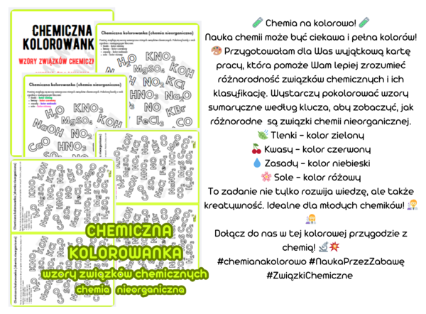 Chemiczna kolorowanka - wzory związków chemicznych - chemia nieorganiczna