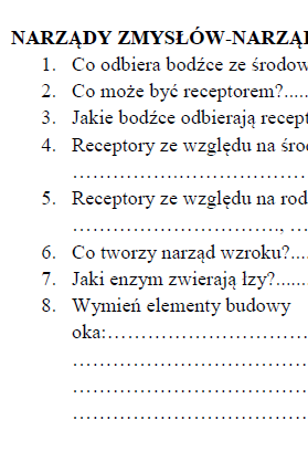 Receptory, narząd wzroku - karta pracy