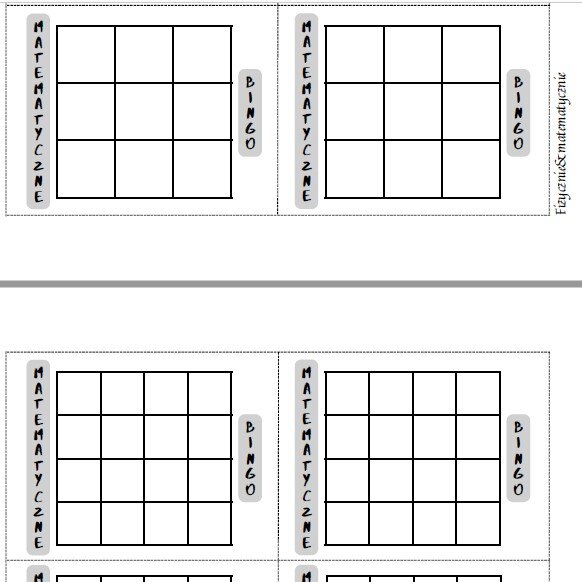 Puste szablony do gry w matematyczne Bingo (3x3 oraz 4x4).