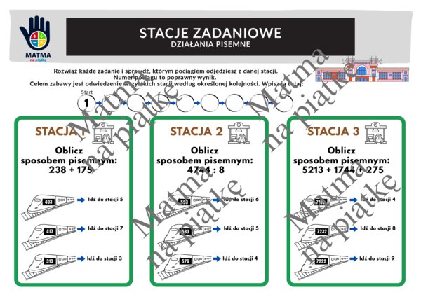 Działania pisemne - STACJE ZADANIOWE/Klasa 4 SP./ Klasa 5 SP./ Klasa 6 SP.