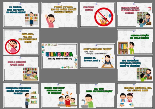 Biblioteka - zasady zachowania, regulamin w formie gazetki