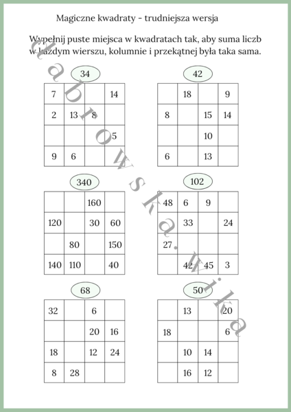 Magiczne kwadraty - trudniejsza wersja