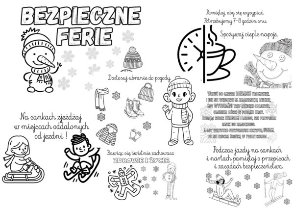 Plansze Bezpieczne Ferie Zimowe w wersji do pokolorowania
