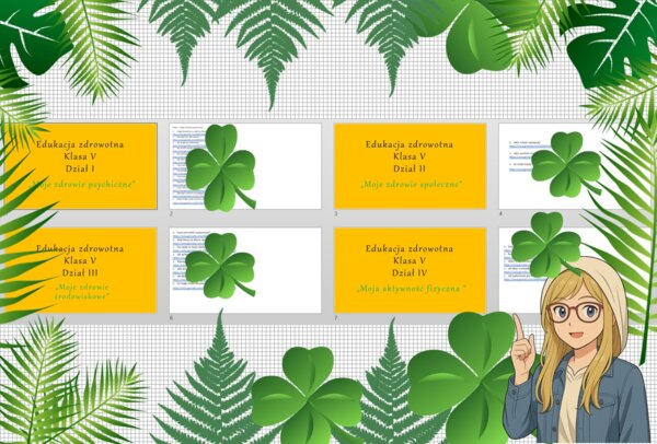 Duży (całoroczny) zestaw na lekcje do edukacji zdrowotnej w klasie 5. Zestaw zawiera prezentacje multimedialne (treści z lekcji oraz pomysł na lekcję krok po kroku) w pdf. Edukacja zdrowotna. Klasa 5.