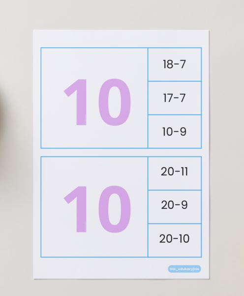 Obliczenia do 50 – dodawanie i odejmowanie (karty z klamerkami)