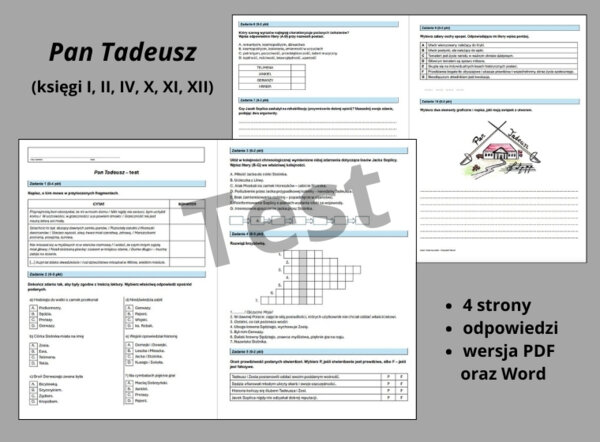 "Pan Tadeusz" (księgi I, II, IV, X, XI, XII) – test znajomości lektury