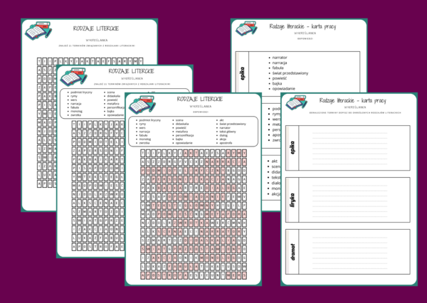 RODZAJE LITERACKIE - wykreślanka - EPIKA - LIRYKA - DRAMAT - karta pracy - powtórka - egzamin + odpowiedzi