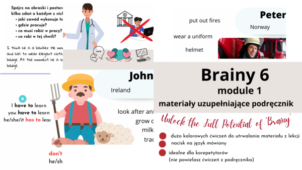 Brainy 6, module 1, materiały dodatkowe do podręcznika, nowa edycja, to be, zawody, ponad 130 slajdów