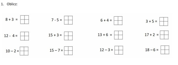 Sprawdzian z edukacji matematycznej dla klasy pierwszej.