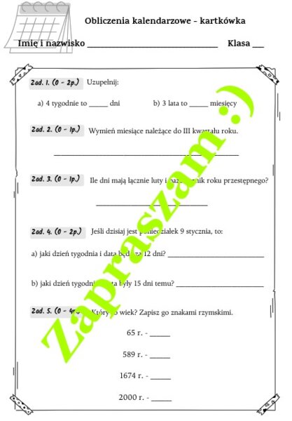 Obliczenia kalendarzowe - kartkówka