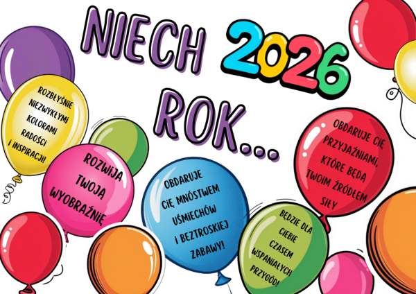 Gazetka noworoczna 2026 do szkoły i przedszkola. Kolorowa dekoracja z wieloma elementami do samodzielnej aranżacji. Idealna na tablicę szkolną i styczeń.