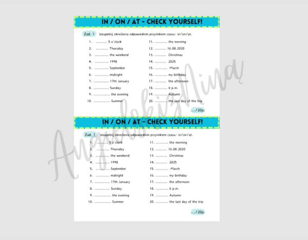 IN / ON / AT - prepositions of time - przyimki czasu - Check yourself! - kartkówka - powtórka - E8 - matura