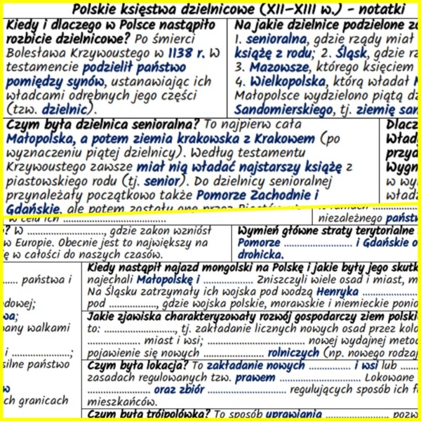 Polskie księstwa dzielnicowe (XII–XIII w.) – notatki i karta pracy