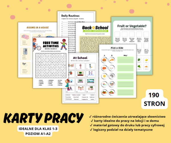 KARTY PRACY ANGIELSKI, POZIOM A1-A2, SZKOŁA PODSTAWOWA KLASY 1-3, SŁÓWKA
