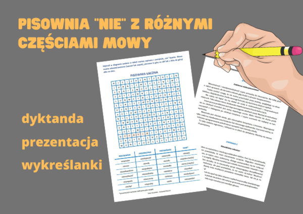 Pisownia "nie" z różnymi częściami mowy - prezentacja + dyktanda + wykreślanki