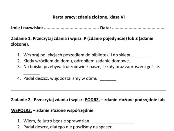 Powtórzeniowa karta pracy ze składni zdania złożonego dla kl. VI