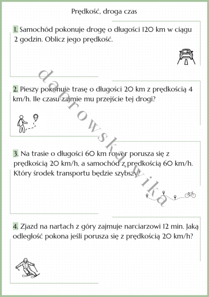 Prędkość, droga, czas - karta pracy