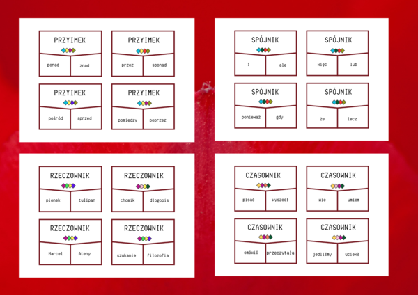 CZĘŚCI MOWY - układanka - egzamin - powtórka - 72 fiszki - gramatyka