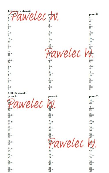 Rozszerzanie i skracanie ułamków zwykłych - karta pracy, sprawdzian, kl. 4, kl. 5, kl. 6 przykłady