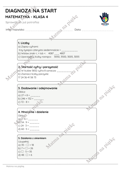 Diagnoza na start – matematyka, klasa 4