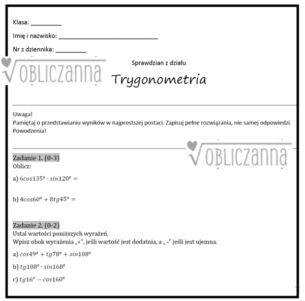 Sprawdzian z trygonometrii z rozwiązaniami