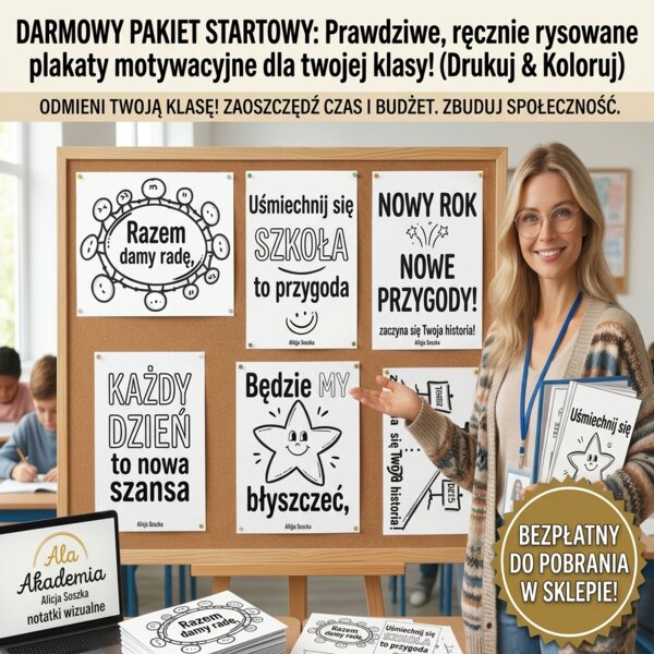 DARMOWY PAKiET STARTOWY: Ręcznie rysowane plakaty motywacyjne i dekoracje do klasy (Drukuj & Koloruj)