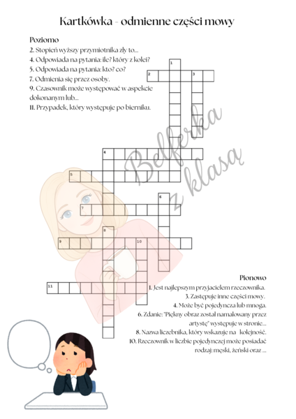 Odmienne części mowy krzyżówka, karta pracy, kartkówka - język polski
