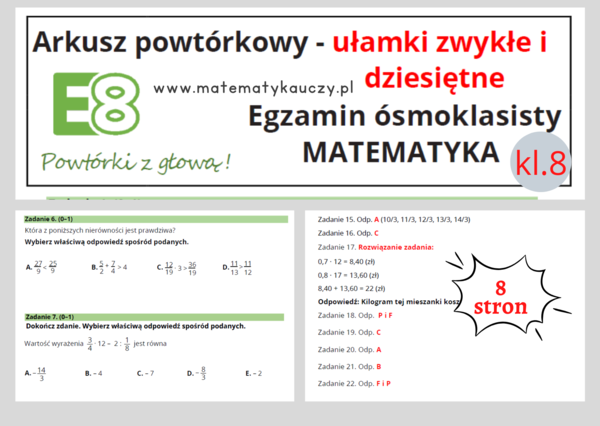 ARKUSZ POWTÓRKOWY kl.8 – UŁAMKI ZWYKŁE I DZIESIĘTNE + odpowiedzi / Wymagania na 2025 rok