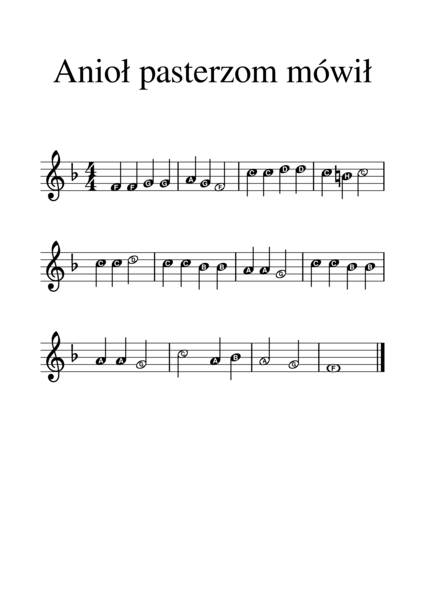 Kolęda Anioł pasterzom mówił. Duże nuty z literowymi nazwami dźwięków.