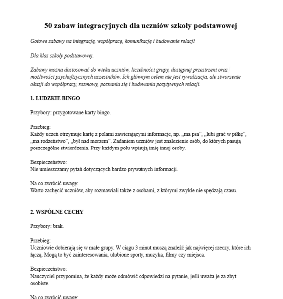 50 zabaw integracyjnych dla uczniów szkoły podstawowej