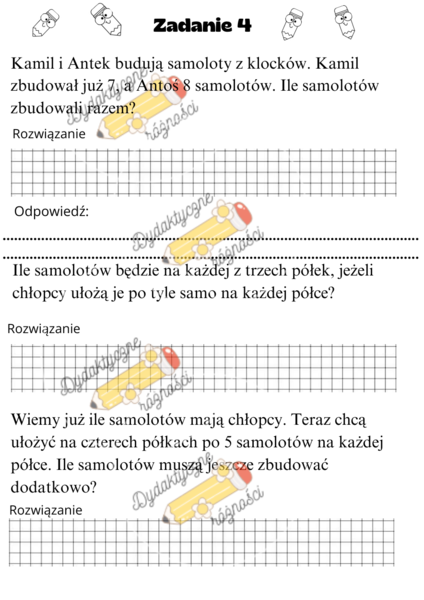 Dzielenie w zakresie 40. Zadania z treścią w wersji normalnej i rozbudowanej dla uczniów szybciej pracujących.