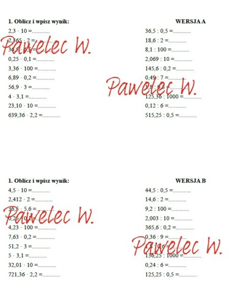 MNOŻENIE i DZIELENIE UŁAMKÓW DZIESIĘTNYCH - kartkówka, karta pracy - 2 grupy/wersje + odpowiedzi