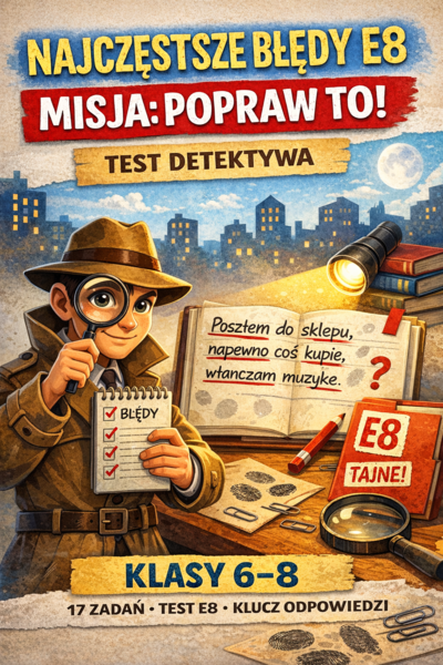 Najczęstsze błędy E8 – test detektywa (17 zadań + odpowiedzi, kl. 6–8)