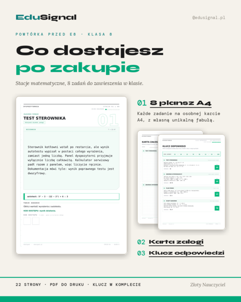 Powtórka przed E8 matematyka— stacje matematyczne, klasa 8, początek roku  (materiał klas 4–7 + klucz)