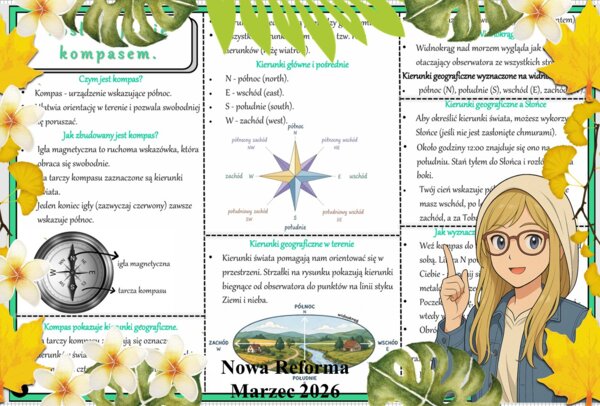 Sketchnotka/notatka - dla ucznia i przypomnienie dla nauczyciela w pdf. Temat "Posługuję się kompasem". Przyroda 4. "Odkrywam przyrodę" zgodna z wydawnictwem Nowa Era. Dział "Spotkanie z przyrodą".