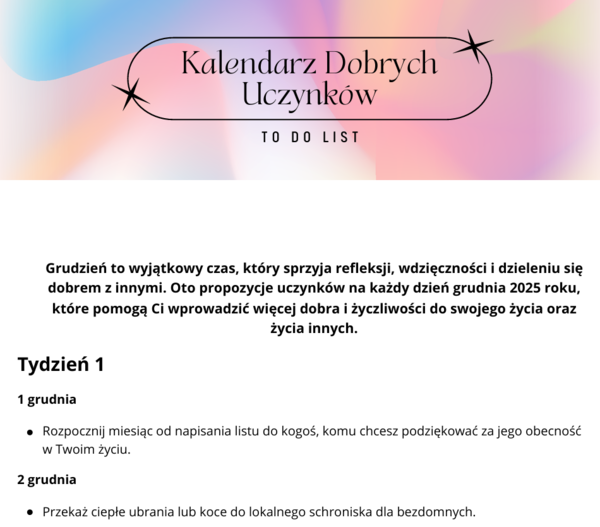 Grudzień pełen dobra – wyjątkowa karta pracy dla Twoich uczniów - Kalendarz Dobrych Uczynków - Godzina wychowawcza