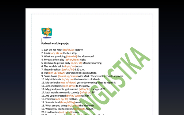 Przyimki - dobieranie właściwej opcji do zdań- powtórka przed egzaminem ósmoklasisty+klucz