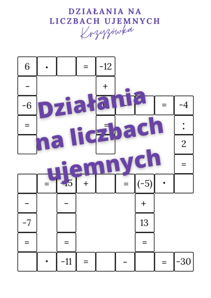 Działania na liczbach ujemnych - krzyżówka.