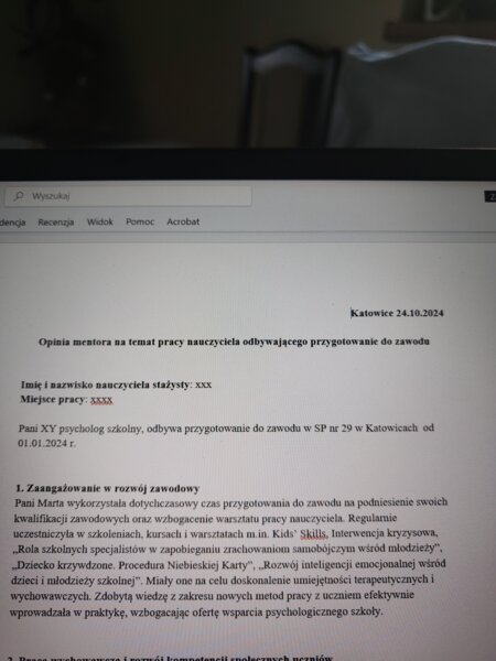 Opinia mentora o pracy nauczyciela odbywającego przygotowanie do zawodu – wzór