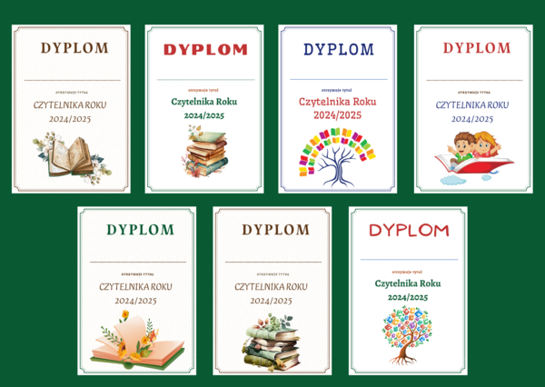 DYPLOM za czytelnictwo - dyplomy - CZYTELNIK ROKU - biblioteka - 14 wersji - zakończenie roku szkolnego