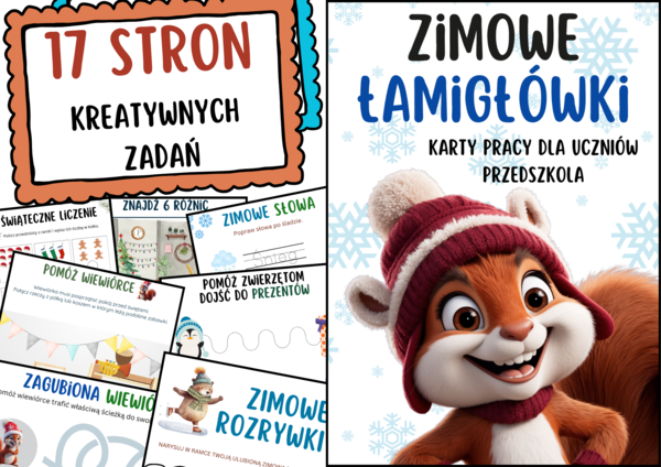 Zimowe łamigłówki - 17 stron kreatywnych ćwiczeń dla przedszkolaków